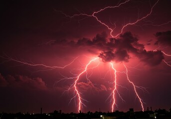 Dramatic red lightning storm illuminating the night sky over a silhouetted cityscape below
