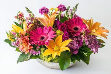 Arrangement of vibrant flowers showcasing various colors and textures isolated on white background