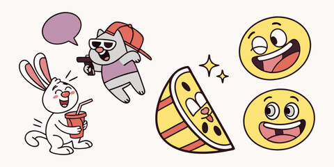 Funny Cartoon Characters Vector: Rabbit Drinking, Cat with Gun, Lemon Slice, Smiley Faces Illustration