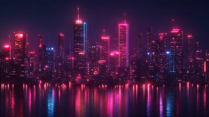 Fototapeta premium Vibrant futuristic city skyline at night with colorful neon lights reflecting on water