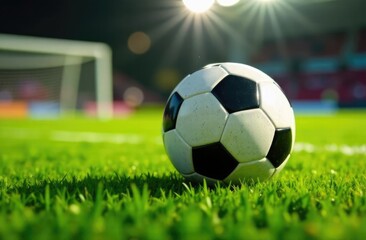 Fototapeta premium Banner with space for inscription. Ball on a football field.