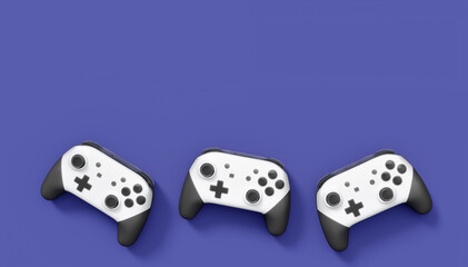 Realistic white video game joysticks or gamepads on violet background