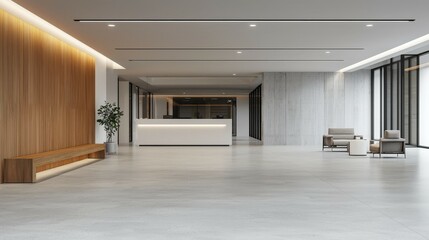 Modern Minimalist Lobby Interior with Reception Desk, Textured Wooden Wall, Concrete Elements and Abundant Natural Light in Spacious, Contemporary Design Environment