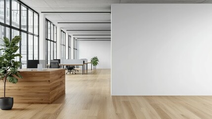 Fototapeta premium Modern Open Office Interior with Spacious Layout Featuring Natural Light, Minimalist Design, Wooden Elements and Large Blank Wall for Branding Opportunities in Contemporary Workspaces