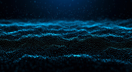 Futuristic Digital Wave Landscape with Glowing Blue Particles and Sci-Fi Network Aesthetic