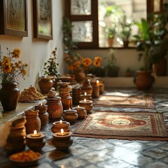 ndian Ayurvedic clinic with traditional decor and authentic healing tools