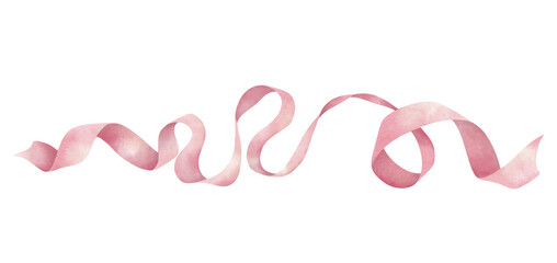 Red satin ribbon. Horizontal composition with curly textile ribbon isolated on white. Watercolor illustration of sewing item in soft colors. Clipart for decoration and card design.