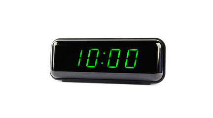 Digital alarm clock showing 10:00 o'clock on white background