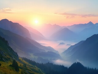 Fototapeta premium Mountains at Sunrise: A breathtaking vista of majestic mountains emerges from a sea of morning mist, kissed by the golden light of a vibrant sunrise, evoking a sense of tranquility and awe.