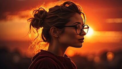 Silhouette of a person with a bun hairstyle and glasses looking towards a radiant orange sunset
