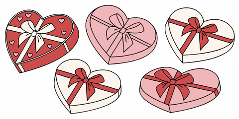 Cartoon Heart-Shaped Valentine's Day Gift Boxes: Red Pink White Ribbons