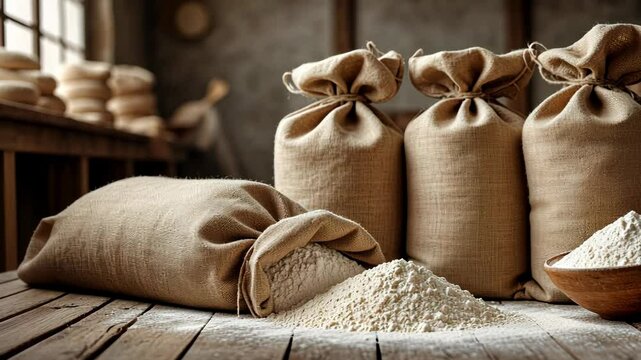 Flour sacks displayed in rustic setting with scattered grain  