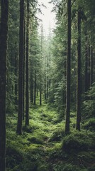 Obraz premium Forest Path: A serene pathway weaves through a dense forest, embraced by towering trees and a lush carpet of vibrant green, a testament to nature's untouched beauty.