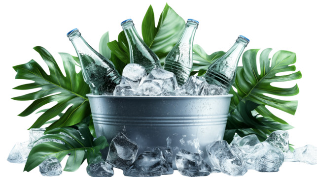 Ice bucket with soda bottles and tropical leaves, condensation visible, hyper-detailed PNG 