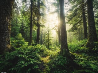 Obraz premium Lush Forest Sunlight: A captivating forest scene, where towering trees reach towards the sky as sunlight streams through the canopy, illuminating the vibrant undergrowth. 