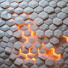 A close-up, angled view of a pattern of raised, light gray hexagons with glowing orange light emanating from the gaps between them.
