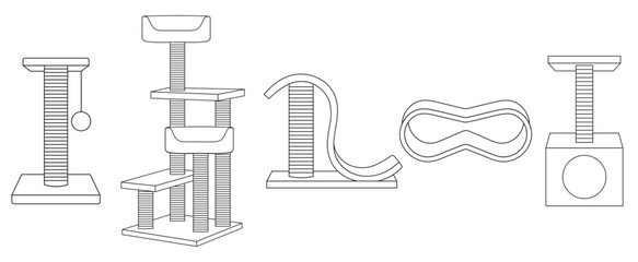 set vector illustration, different types of scratching posts for domestic cats, simple linear icons, doodle and sketch style, hand-drawn, isolated on a white background