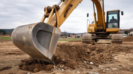 The excavator's shovel cuts into the soil, captured mid-motion during intense earthworks.

