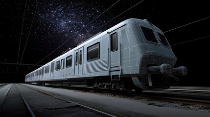 Fototapeta premium A digital train model glows with geometric lines, echoing the elegance of a starry night. 