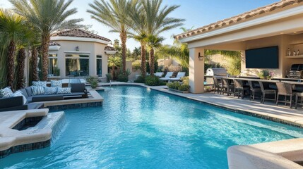 Fototapeta premium Elegant Resort-Style Backyard Oasis with Pool Loungers and Palm Trees by a Modern Outdoor Kitchen