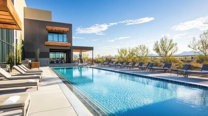 Fototapeta premium Modern Outdoor Pool Area with Lounge Chairs and Desert Landscape Under Bright Blue Sky