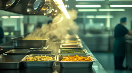 Steaming trays of food in a busy commercial kitchen, showcasing a variety of side dishes ready for serving. Focus on freshness and preparation.