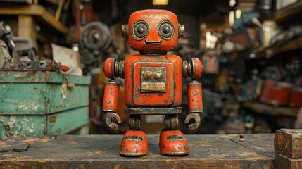 Rusty red robot figurine in a workshop setting
