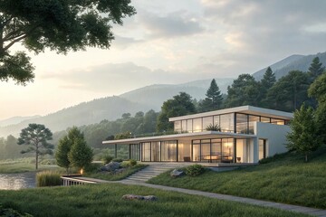 Obraz premium Architecture 3d rendering illustration of the modern house with a natural landscape.