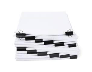 Binder clips with sheets of paper isolated on white