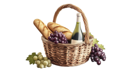 Summer picnic basket with baguette, grapes and wine bottle, isolated on white, hyper-realistic PNG 