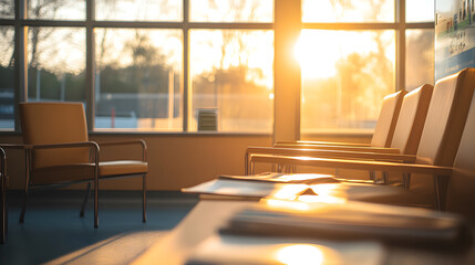 Fototapeta premium Waiting Area: Serene seats bathed in warm sunlight. Clean design, inviting atmosphere.