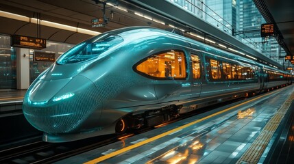 Fototapeta premium A futuristic train awaits passengers at a bustling city station, highlighting state of the art automation and mobility solutions in modern transportation infrastructure.