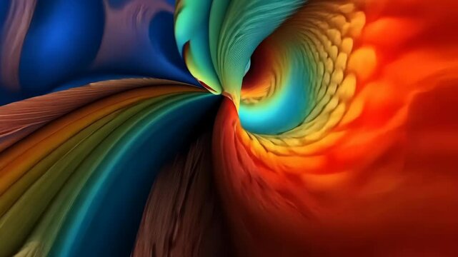 Colorful, abstract painting of a bird with a spiral pattern