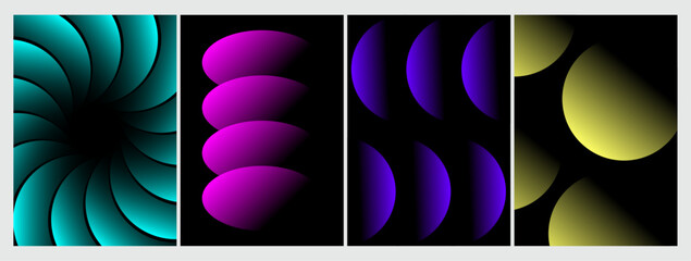 Abstract music poster vector gradient cover design set. Geometric shape pattern in vibrant color teal, magenta, purple, yellow on black background with copy space. Social media template