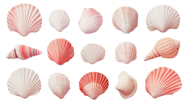 Seashell collection arranged in summer flat lay, clean background, PNG with shadow