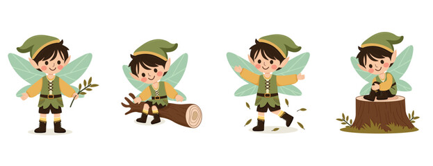 Set of cute forest fairy boy with wings on white background. Poster, Banner, Flyer, Greeting Card. Vector illustration in flat cartoon style