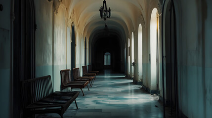 Obraz premium Hallway with arched ceiling and rows of benches. The space has a faded elegance, and is illuminated with natural light from windows running down the corridor.