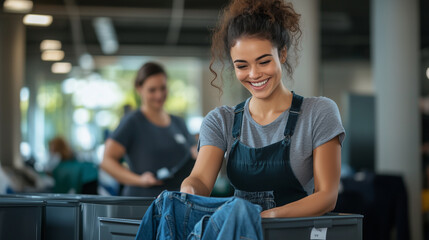 A cheerful volunteer places a pair of jeans into a labeled bin. Two people in the background carefully sort through donations, creating an organized and purposeful scene.