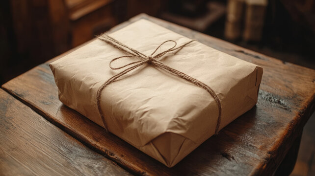 Rustic wrapped gift package with string on a wooden table.