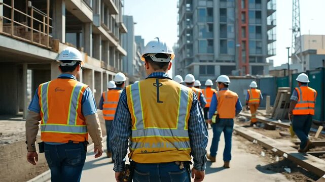 Group of construction workers in safety gear walking through a building site with cranes in background