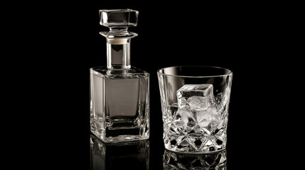 A square decanter and glass of whiskey with ice, isolated on a deep black background