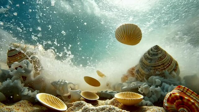 Beach scene with shells and clouds in the sky