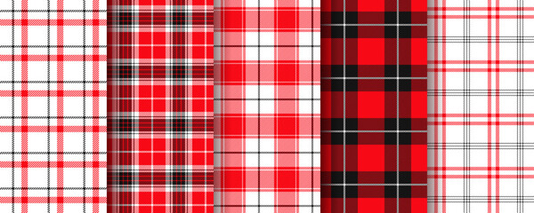Plaid background. Tartan seamless pattern. Red black gingham texture. Vichy tablecloth. Tartan check backdrops. Set checkered kitchen prints. Picnic retro textile wallpaper. Vector illustration.