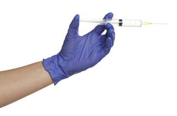 Doctor in medical glove holding syringe on white background, closeup