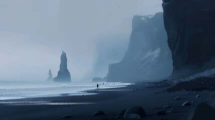 A lone figure walks along the black sand beach with rock formations under a misty sky landscape view .
