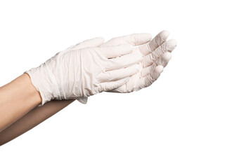 Doctor in medical gloves on white background, closeup