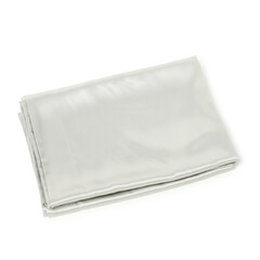 Clean silky bed linens on white background, above view