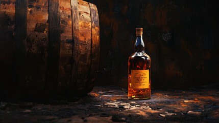 A whiskey bottle sits near an aged wooden cask, ideal for rustic-themed visuals