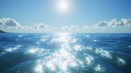 Fototapeta premium A cinematic medium shot of the ocean on a clear day, with bright blue waters and a nearly cloudless sky. The sunlight dances on the water, creating sparkling highlights across the gentle waves.