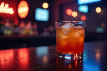 A close-up of a chilled glass filled with a refreshing drink, surrounded by a rim of ice cubes on a sleek bar.